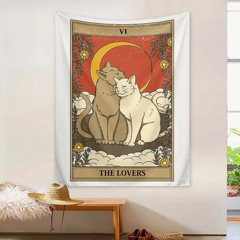 VIKAMA Retro Cute Pet Cat Tapestry Embraces the Sun Starry Sky Cat Planet Childrens Room Wall Decoration Home Decoration
