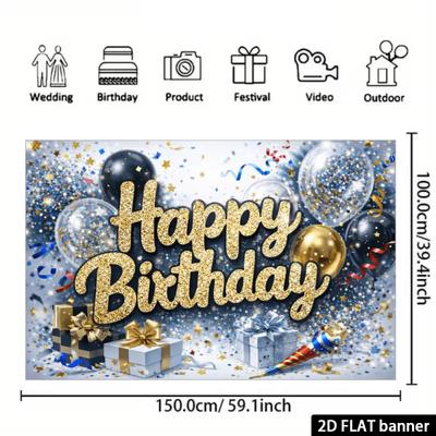 2D Gold Glitter Confetti Birthday Backdrop Banner Happy Birthday Party Photo Booth Background