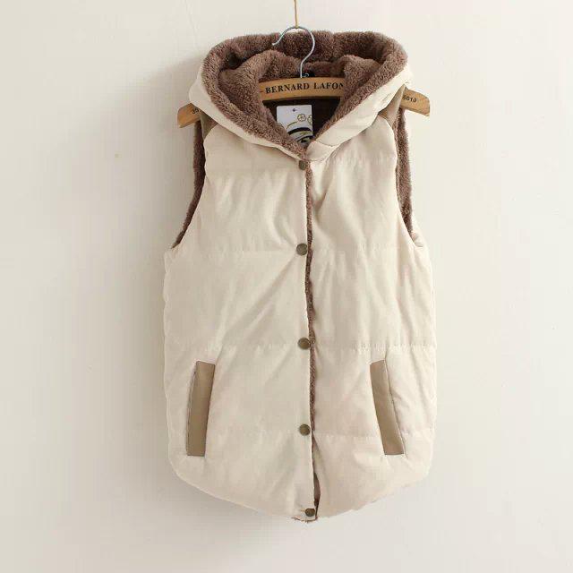 Women Coat Vest Coral Cotton Leather Fleece Hooded Patchwork for Female Outerwear Waistcoat