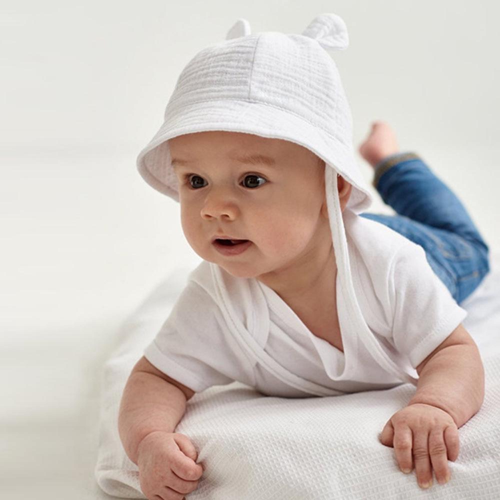 Baby Pure Cotton Bucket Hat with Rabbit Ears - Solid Color Sun Hat for 3-12 Months