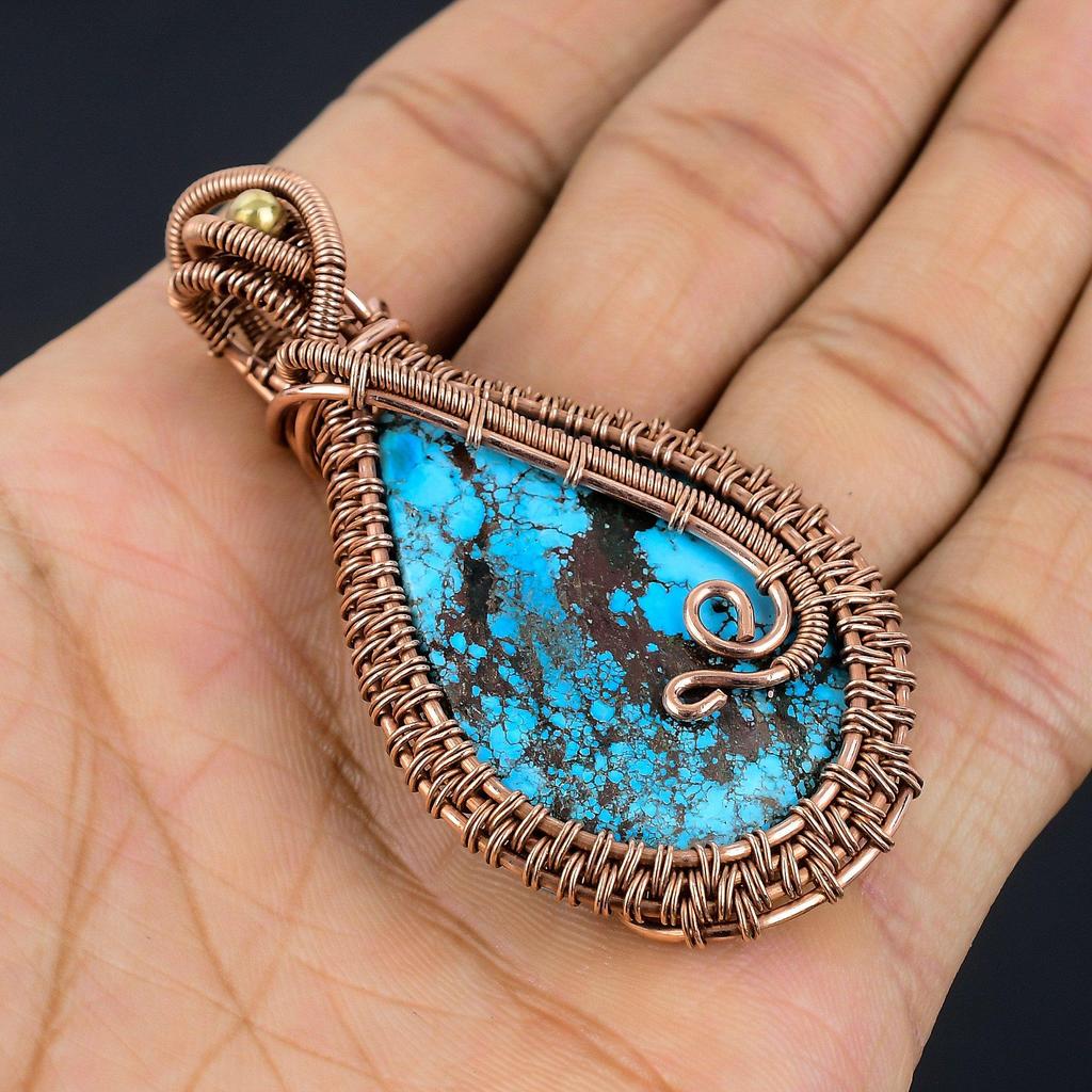 Tibetan Turquoise Pendant, 999 Copper Wire Wrapped Gemstone Jewelry, Handmade Pendant, For Thanksgiving