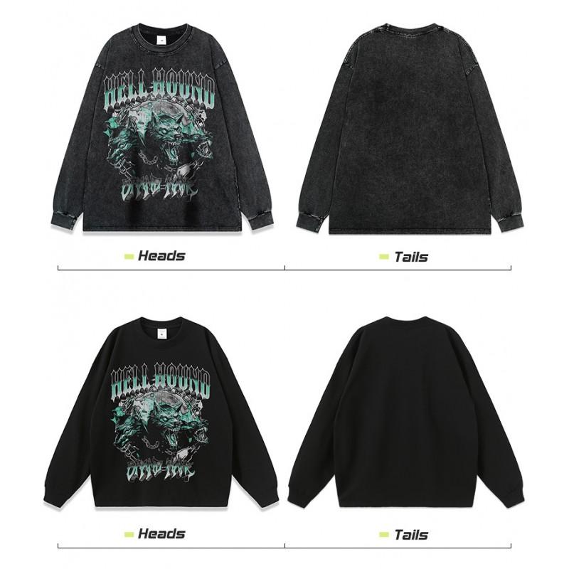 Mens Oversized Washed Distressed Wolf Print Hoodie Streetwear Hip Hop Casual Long Sleeve Cotton Sweatshirt