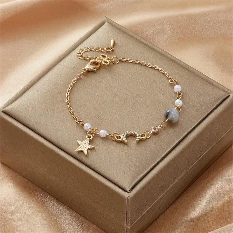 

Fashion Creative Gifts Japan Korea Star Moon Bracelet For Women Pink Crystal Pearl Chain Bracelet Jewelry Accessories Party Gift серый