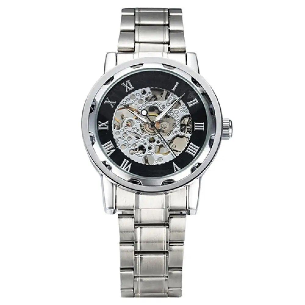 Men Skeleton Roman Numerals Hollow Dial Stainless Steel Band Mechanical Watch Fashion Men's Business Watch