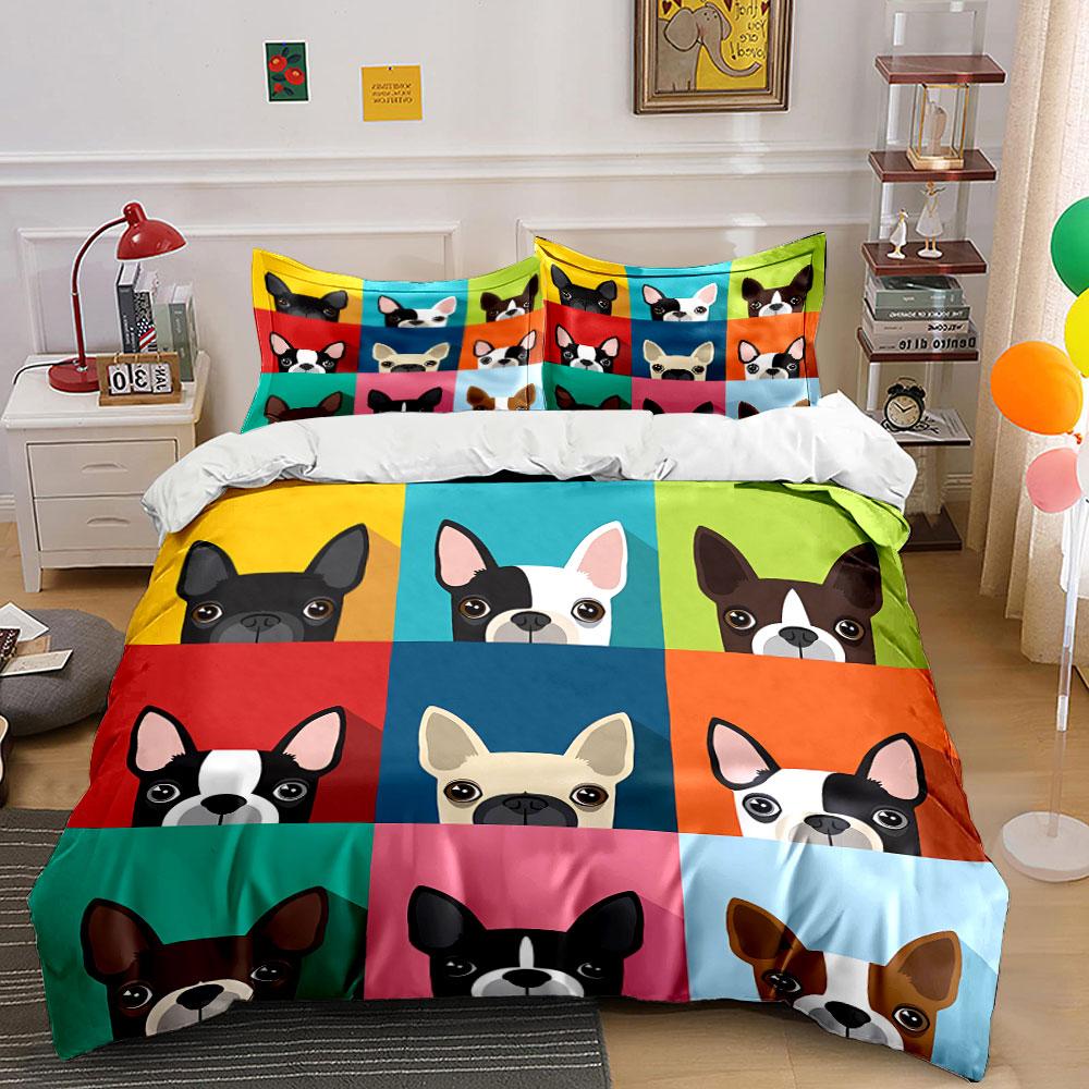 Colorful French Bulldog Pattern Bedding Duvet Cover Set Duvet Cover Pillowcases (1*Duvet Cover 2*Pillowcases, Without Duvet Insert)