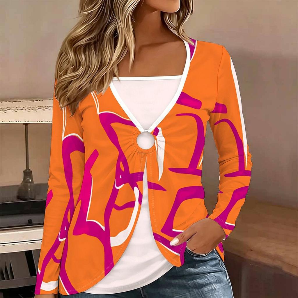 Tops for Women Geometric Print Long Sleeve Fake Two‑Piece Top Fall Casual Slim Pullover Women's Long Sleeve Top