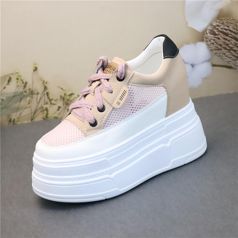 Fashion 12CM Women Summer Air Mesh Genuine Leather Shoes Vulcanize Platform Wedge Microfiber Platform Wedge Hollow Slides Sandals