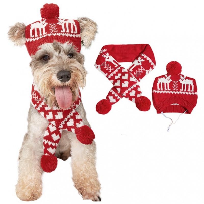 Knitted Pet Scarf Hat Set Cats Dogs Christmas Winter Accessory Adjustable Collar Bib