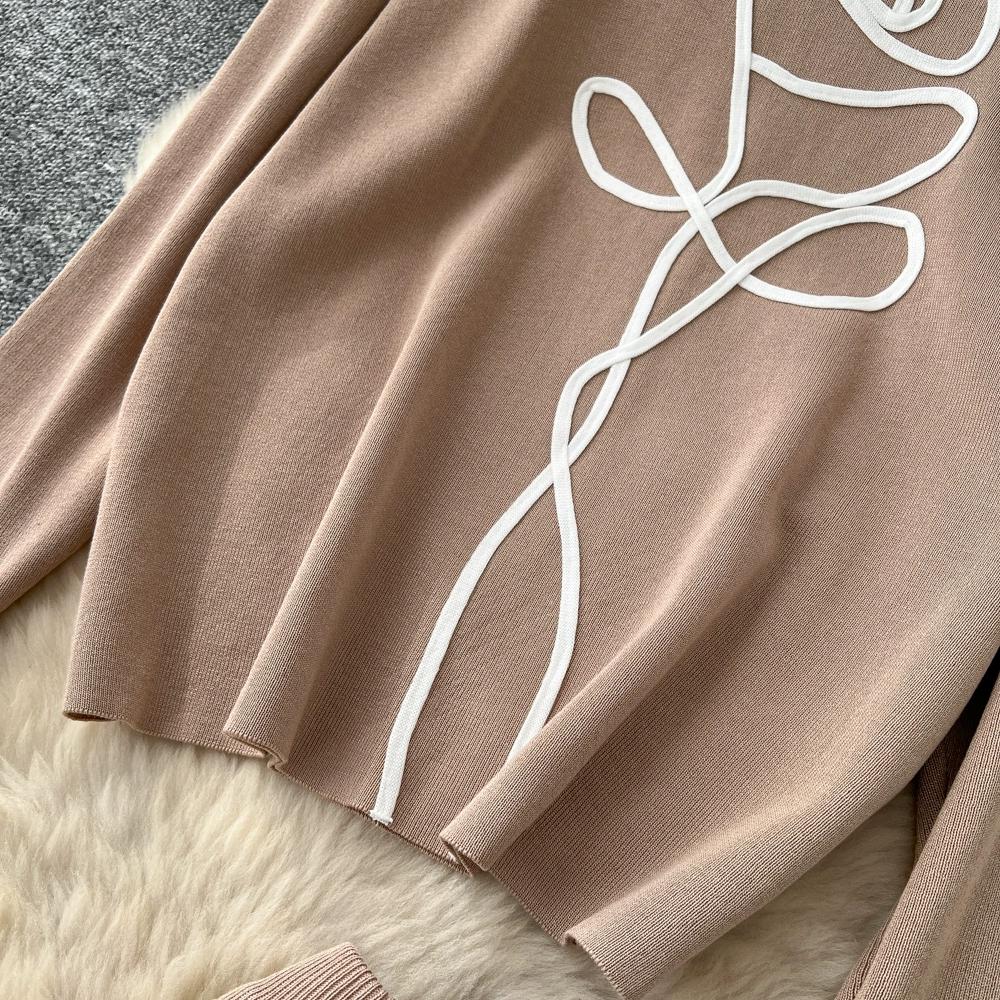 Autumn Winter Women Flower Knitted Sweater Two Piece Set Full Sleeve Pullover Top and Long Midi Slim Bodycon Sheath Skirt Outfits