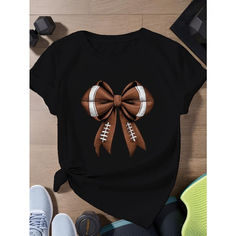 European Size Plus Size Women's Casual T-Shirt with Football Bow Illustration - Short Sleeve, Round Neck, 100% Polyester, Machine Washable