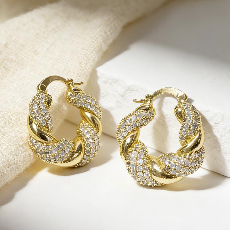 

Huitan Twisted Gold Color Hoop Earrings for Women Shiny Cubic Zirconia Paved Chunky Twist Huggie Earrings Luxury Dainty Zircon