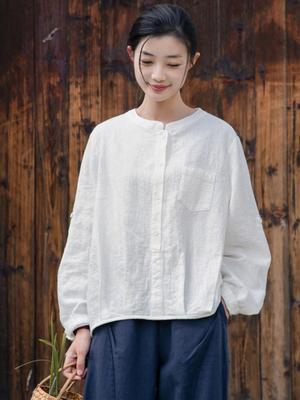 Frauen Vintage Ramie Shirts Tops Stehen Langarm Blusen Einfarbig Frühling Taste Taschen Shirts
