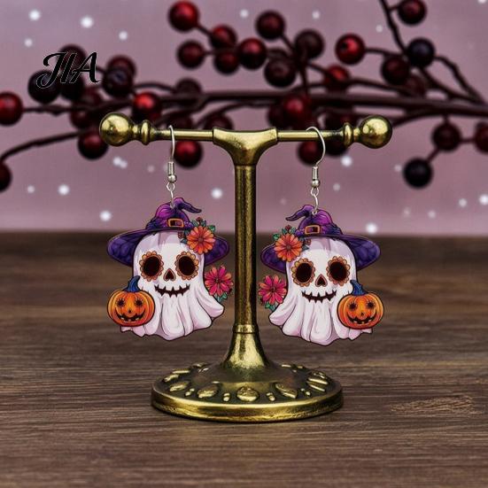 Lightweight Statement Earrings 1 Pair Mexico Day of The Dead for Women, Acrylic Hypoallergenic Sensitive Ears Flower Ghost Dangle Drop Halloween