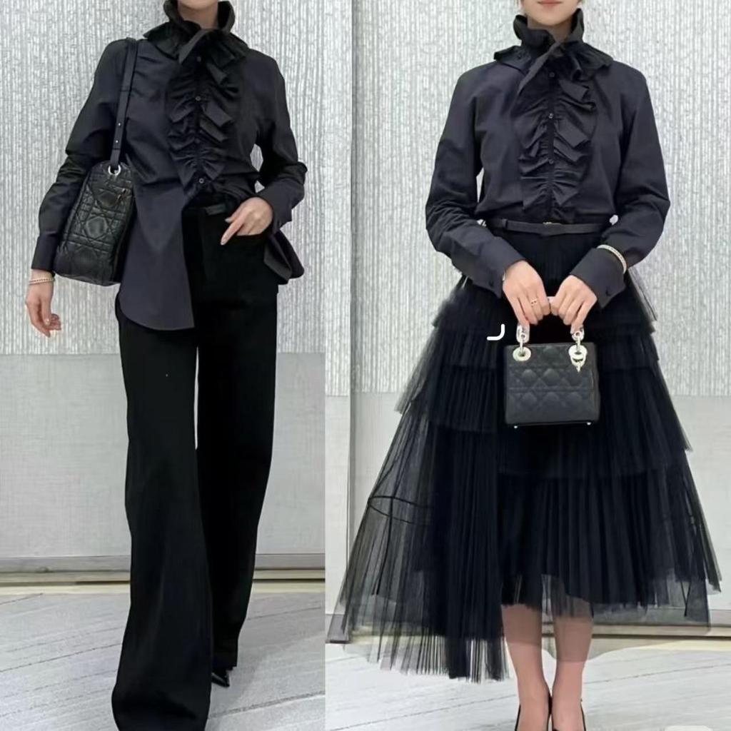 Elegant French-inspired Ruffled Stand-Collar Shirt: Detachable, Loose-Fit, Slimming, Mid-Length, Perfect for Commuting