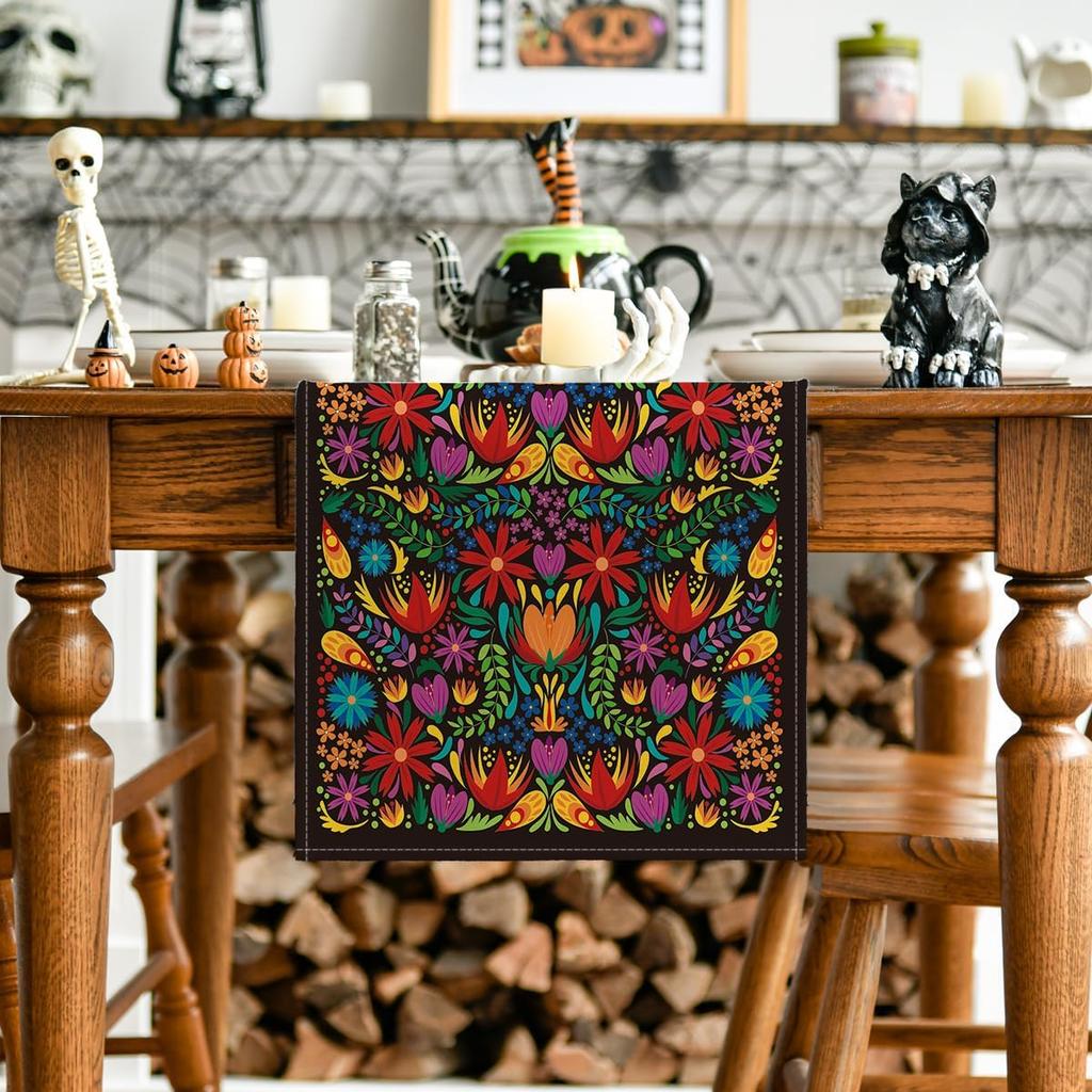 Artoid Mode Dia De Los Muertos Floral Fiesta Mexican Table Runner, Mexico Day of The Dead Kitchen Dining Table Decoration for Home Party Decor 13x72