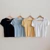 New Arrivals Open Run Women Square Neck Embroidery Slim FiT Modal T shirT Ribbed