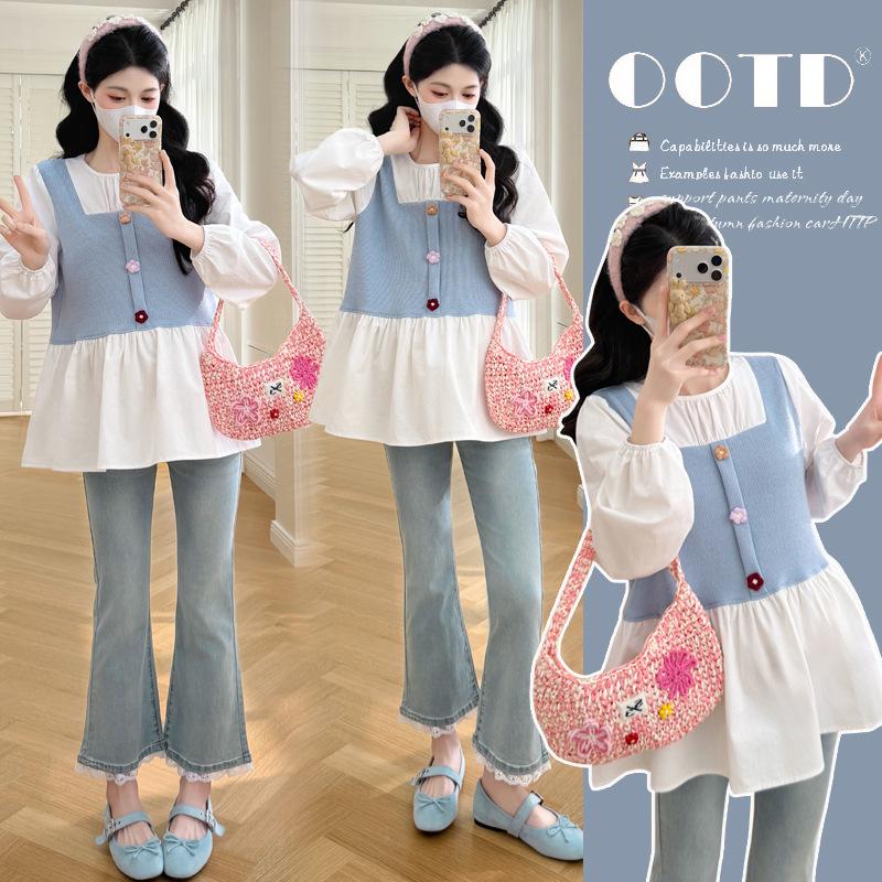 

Spring 2026 Patchwork Maternity Shirt: Sweet Doll Style, Two-Piece Illusion, Loose Fit, Age-Reducing, Belly-Covering Design M синий/белый