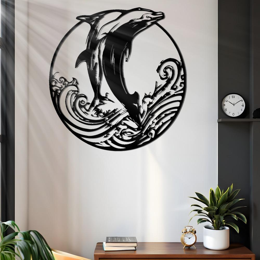 Metal Dolphin Wave Wall Art Laser Cut Iron Home Decor Gift for Living Room Bedroom