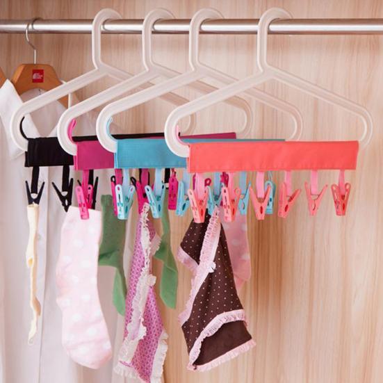 Bathroom Rack Clothespin Travel Portable Folding Clothes Towel Hanger 6 Clips
