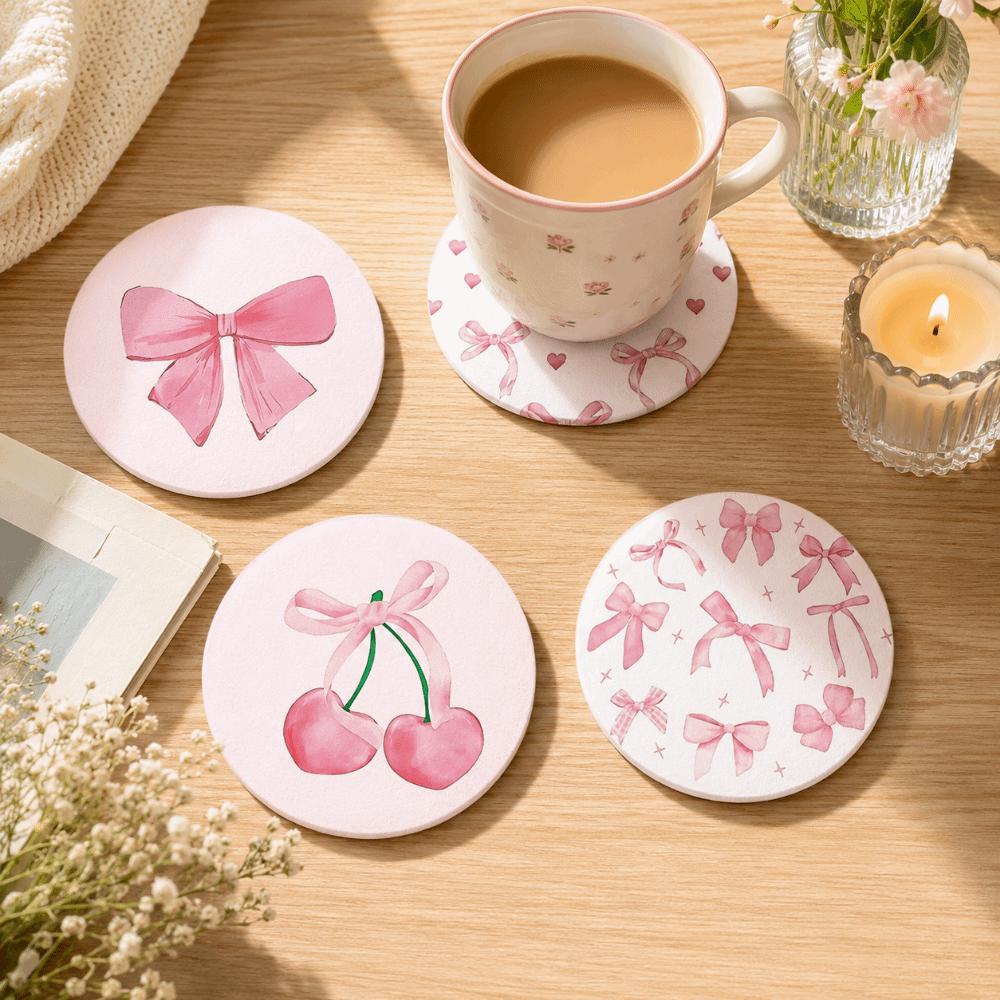 4/6pcs Sweet Round Wooden Drink Coaster Waterproof Non-Slip Insulation Pad Bow Dog Coffee Cup Mat For Coffee Table