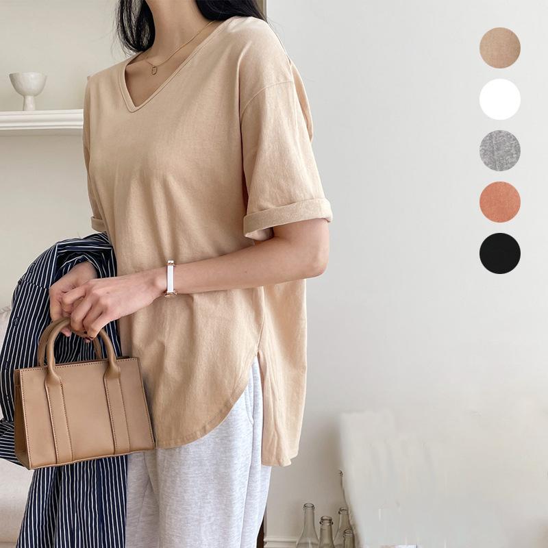Frühling Neues Produkt Sommer Baumwolle Kurzarm T-Shirt V-Ausschnitt Seitenschlitz Einfarbig Unterhemd