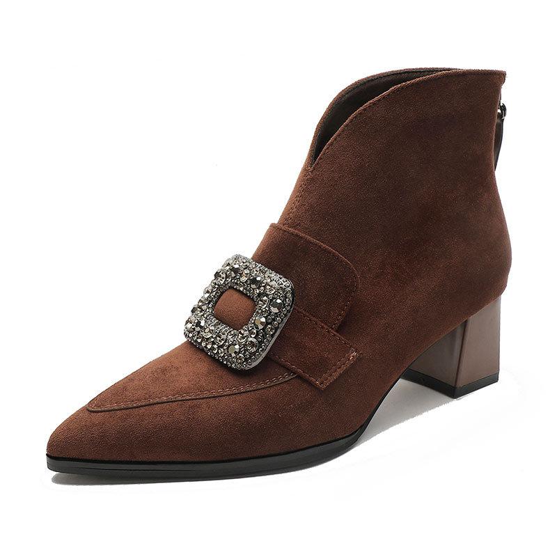thick-heeled short boots women's new short women's boots retro v-mouth high-top shoes rhinestone square buckle pointed deep-mouth single shoes