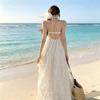 Seaside Vacation Backless Neck Dress, Children's Spring and Summer New Models with Chest Pads, Pure Desire Hollow Mid-length Dress