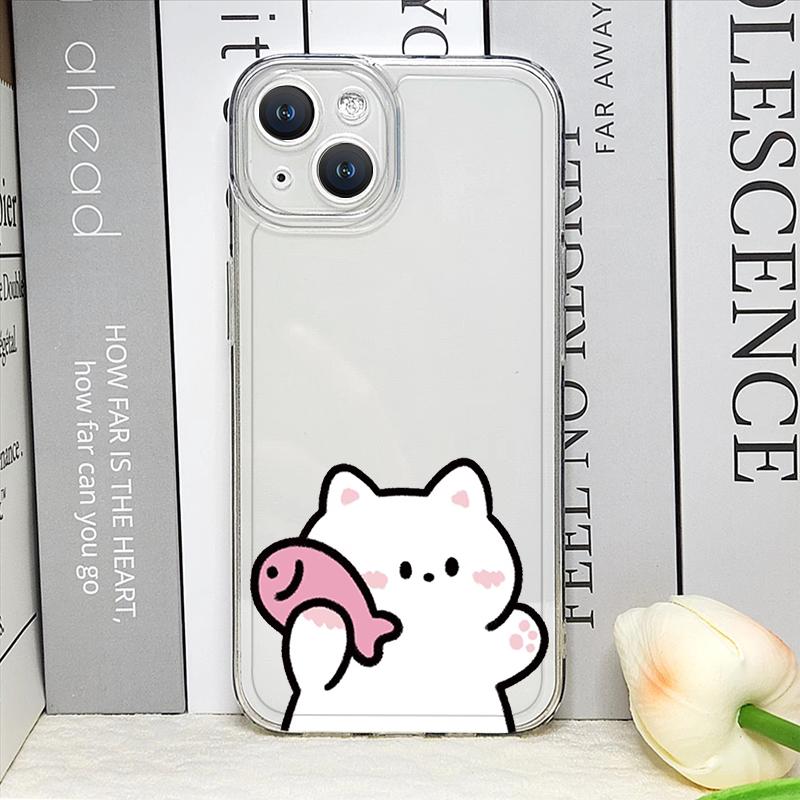 Funda de Teléfono Pareja Gato Pez Dibujo Animado Divertido para IPhone 16 15 14 11 12 13 Pro Max 7 8 Plus Mini XS XR Transparente Blanda Fundas