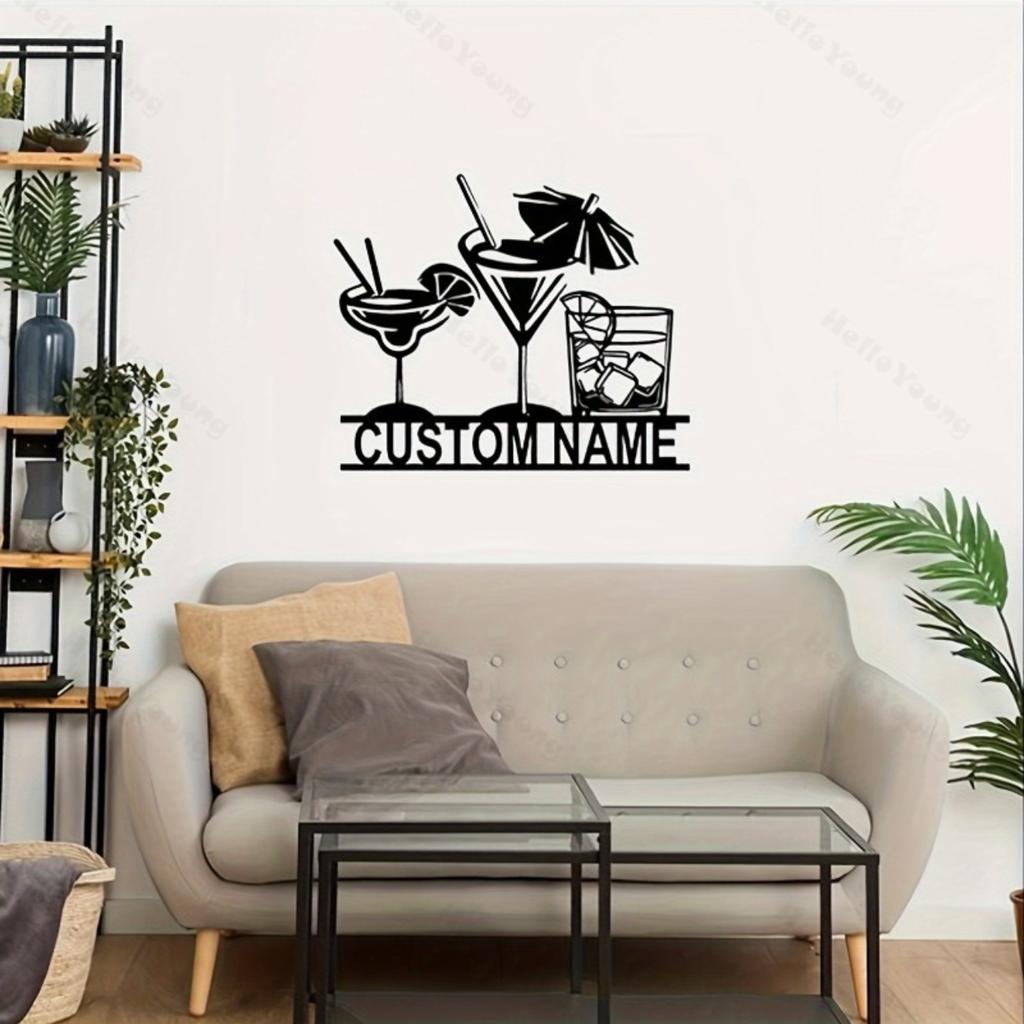 Customizable Cocktail Glasses Metal Wall Art, Personalized Bar Theme Hot Sale for Home Kitchen Dining Decor