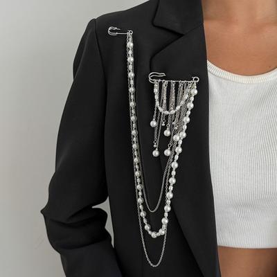 Metal Chain Shoulder Chain Brooch Ins Fashion Double Lapel Pin Pearl Tassel Pin  Party Styling