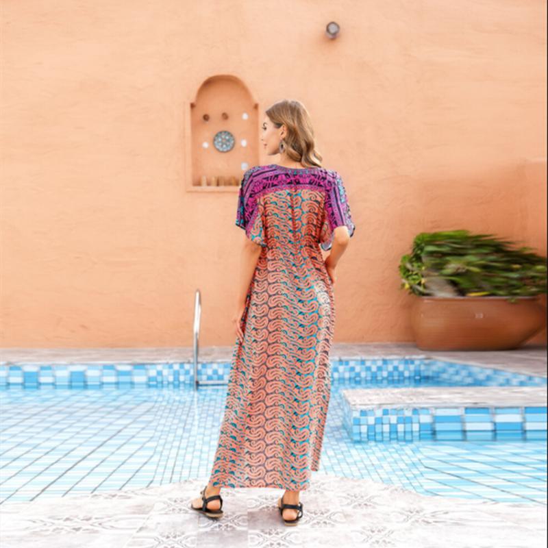 Bikini Cover-ups  Bohemian Printed Kimono Green Tunic Women Plus Size Beachwear Deep V-neck Front Open Maxi Dress Swim Suit Cover Up