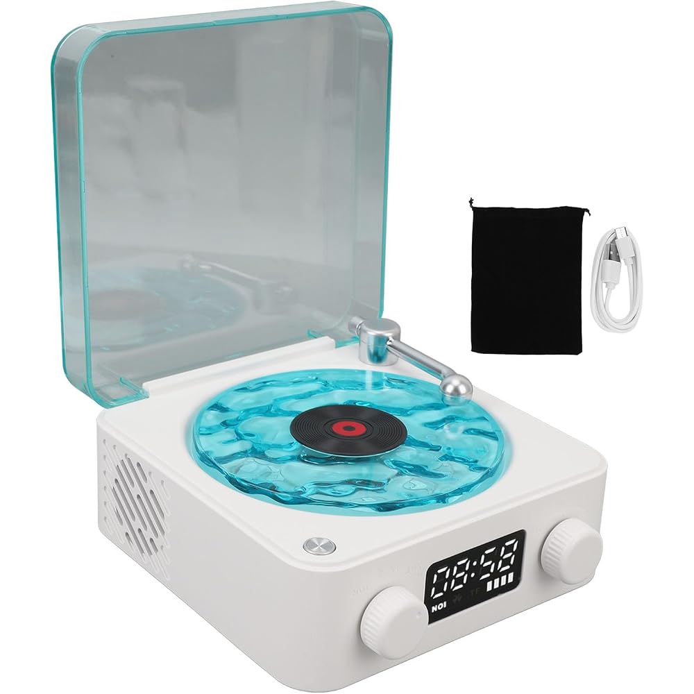 Generic Record Player Speaker with Weather and Battery Display, Portable for Living Room (White)