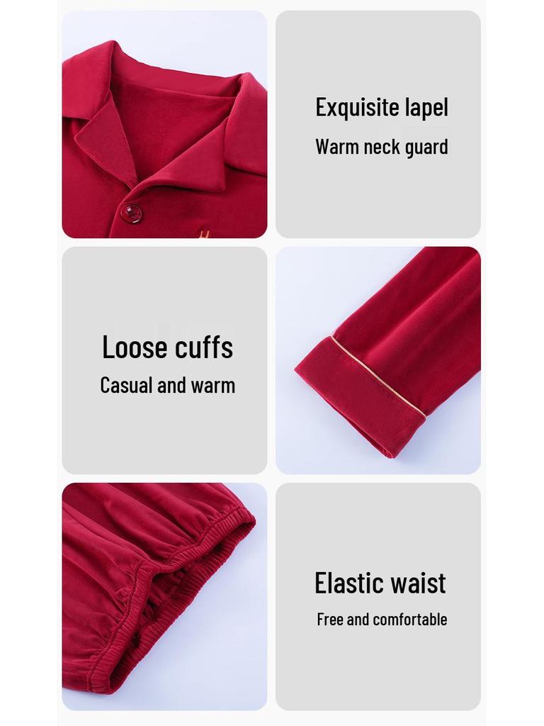 Festive Bright Red Velvet Winter Pajamas Set for Couples: Benming Year Wedding Edition