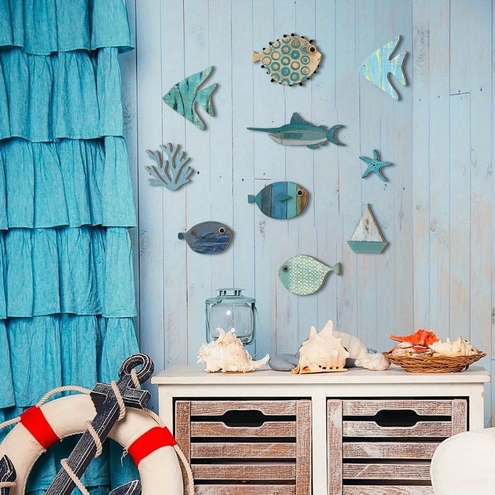 10Pcs Wall Art Wooden Decorations Retro Fish Wall Decor  Bedroom Home Decorations