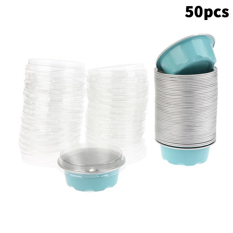 50Pcs Round Baking Cups Aluminum Foil Wih Lids Reusable Cupcake Cups Desserts Flans Cake Pudding Jello Cups Kitchen Tools