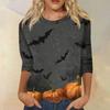 Women's Fashionable Casual Three-Quarter Sleeve Halloween Print Round Neck Top