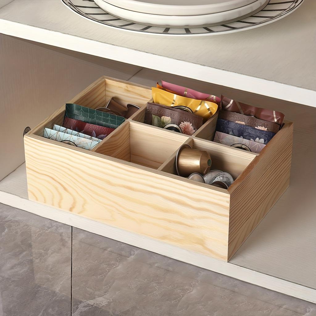 Wood Tea Bag Storage Organizer Container Box Stackable, 6 Compartments Wooden Holder Desktop Pen Holder Office Organizer