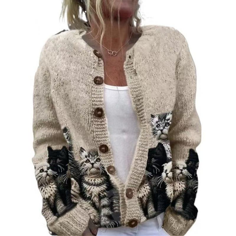 Cardigan Tricot Femme Col Rond Boutonnage Simple Imprimé Floral Manches Longues Vêtement d'Extérieur Décontracté