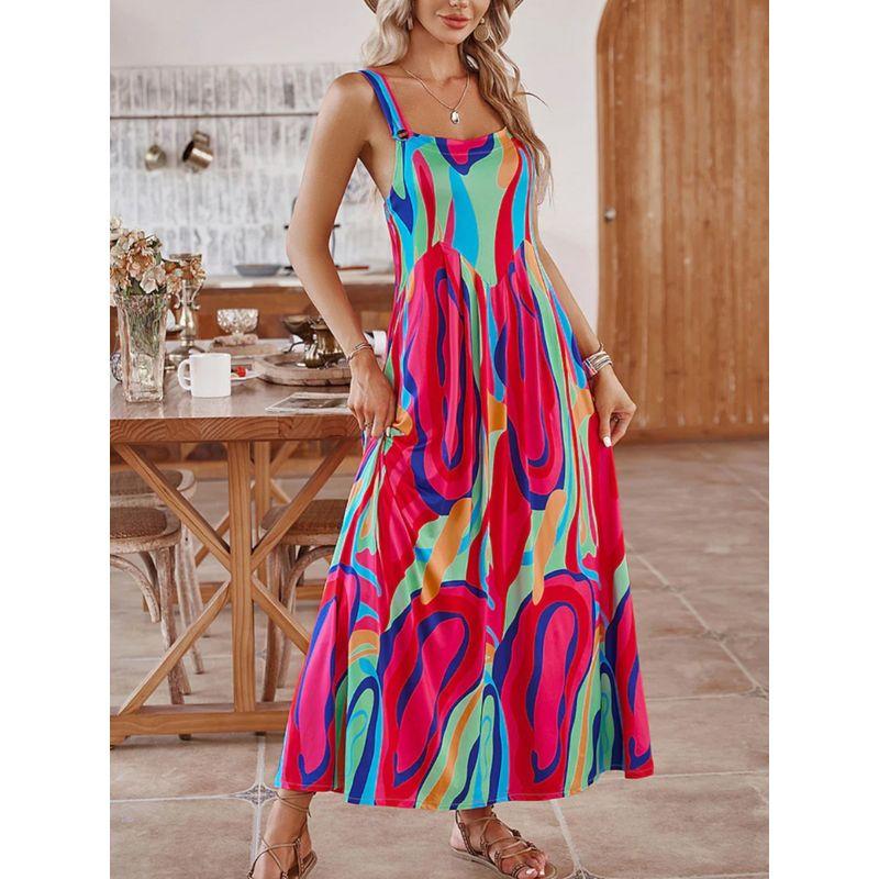 Bohemian Style Summer New off-Neck Irregular Print A Word Backless Sling Dress Beach Long Dress