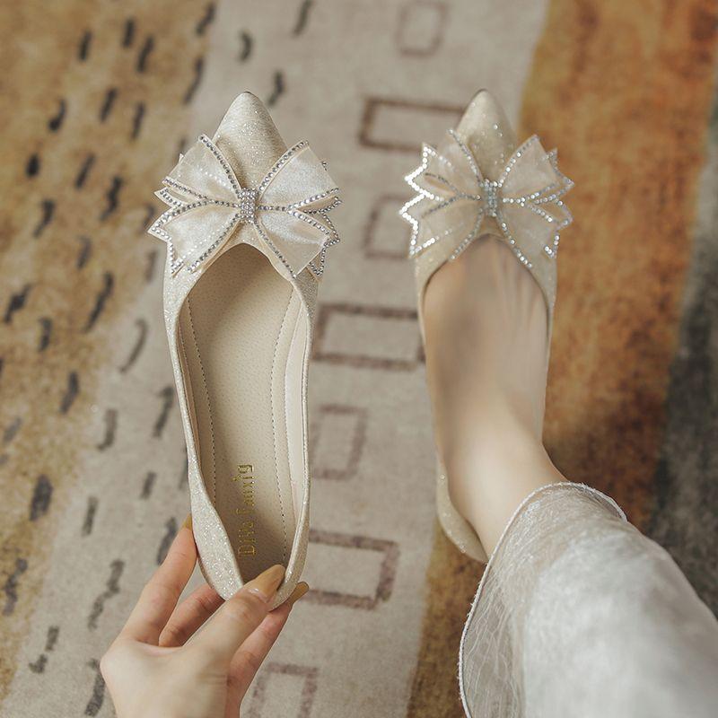 Fashion Summer Rhinestone With Bow Woman Flats Wedding Bride Shoe Chic and Elegant 2025 Comfortable Slip-on Pointed Toe Shoes for Women