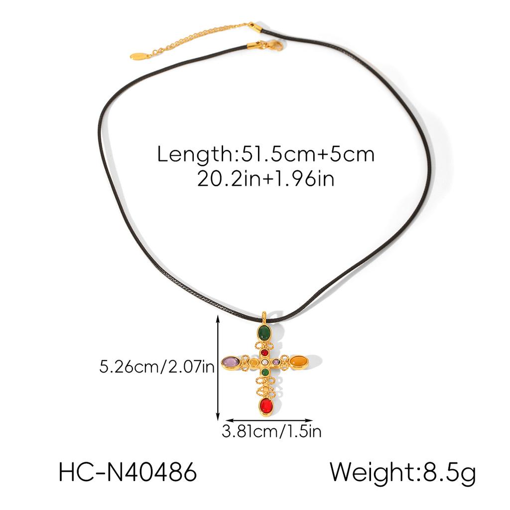 Heart Pendant Necklace with Natural Stone Cross, Vintage Wax Cord Chain, High-end Retro Necklace