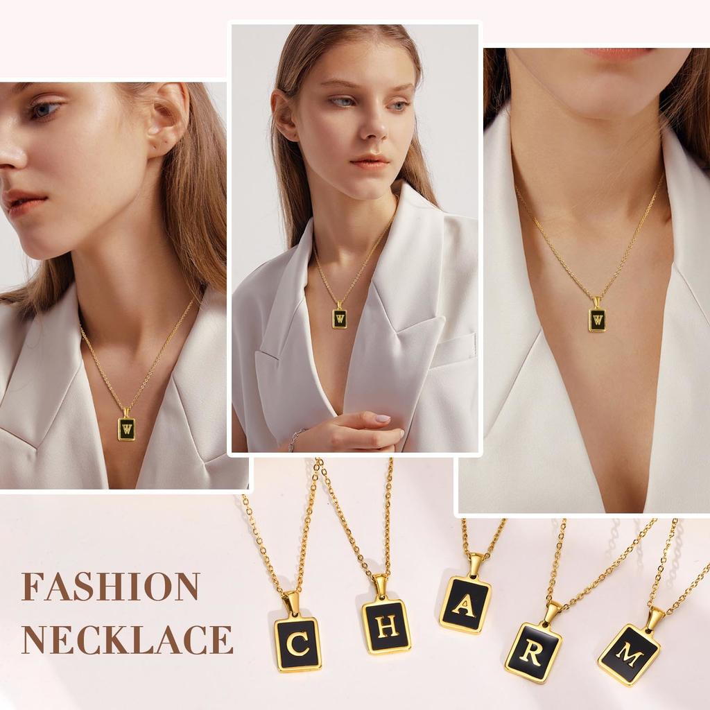 Square Initial Letter Necklace Pendant, Stainless Steel Charm Black Enamle Simple Name Jewelry For Women