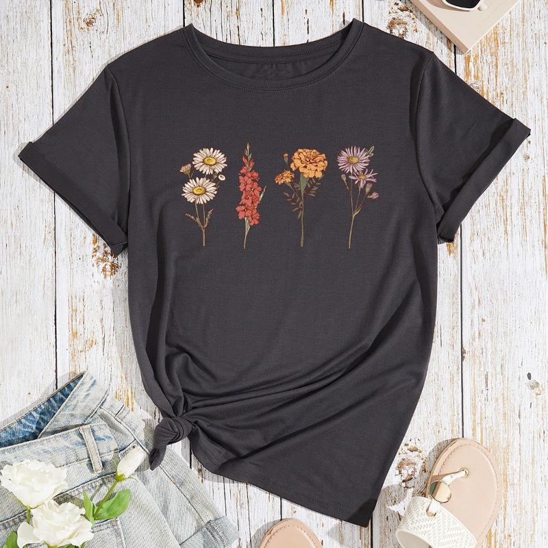 Women's Flower Plant Print Loose Imitation Cotton Large Size Round Neck Short Sleeved T-shirt for Women