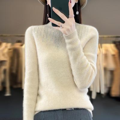 Autumn and Winter Women's Sweater Half-high Neck Knit Sweater Slim Inner Hot Drill Stand-up Sweater High-neck Knitted Bottoming Shirt