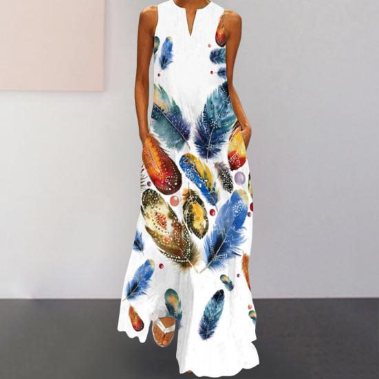 Summer Dress V-neck Sleeveless Floral Print Loose Hem Full Length Dressing Up Thin Women Floral Print A-Line Vest Maxi Dress Daily Clothing