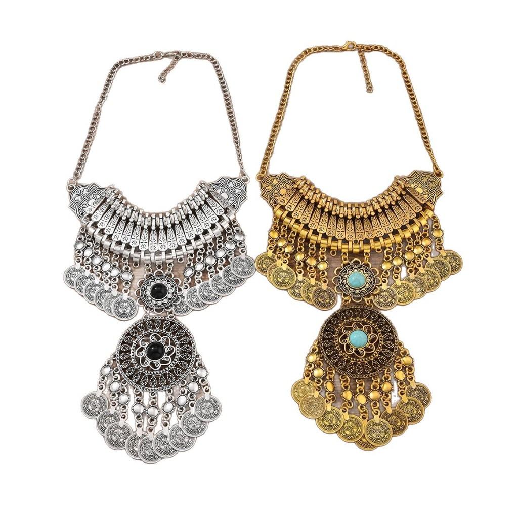 Classic Gold Silver Finish Coin Tassel Necklace With Geometric Pendant For Festival Wear