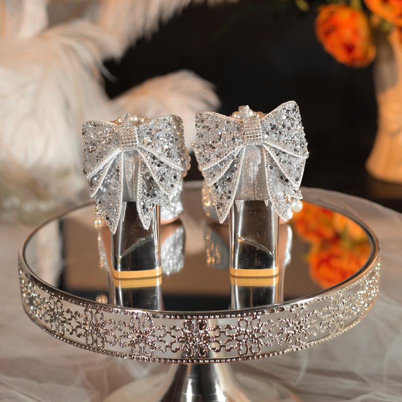 Fashion New Summer Luxury Women Pearl High Heels Chunky Heel Princess Bow High Heel Sandals Party Wedding Shoes Plus Size Zapatos Mujer