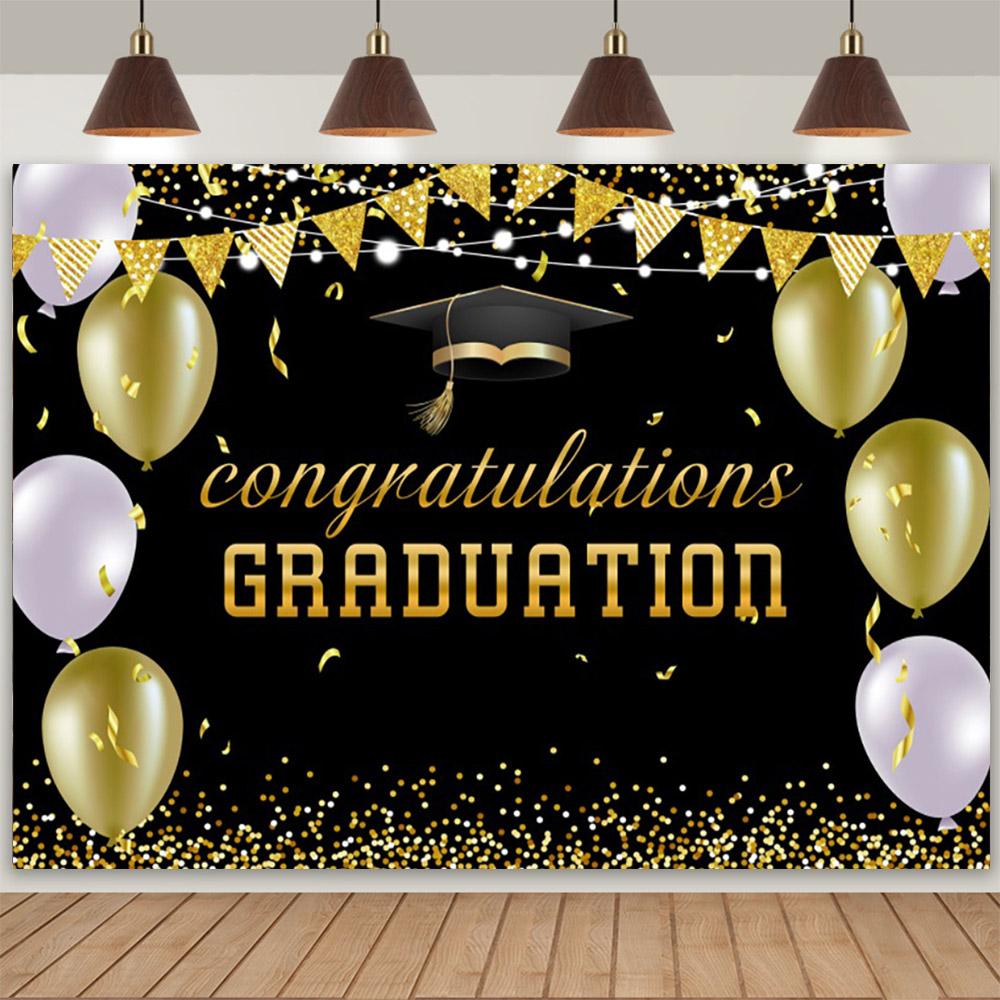 Abschlussfoto-Hintergrund, Glückwünsche, Abschlussfeier, Abschlusskappe mit gold-schwarzem Pailletten, Plakat mit personalisiertem Text, Banner