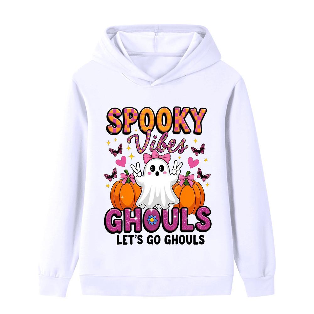 Warm Children Hooded Pullover, Lovely Ghost Pumpkin And Colorful Halloween Text Graphic, Autumn Winter Long Sleeve Sweatshirt For Kids Casual Outfit