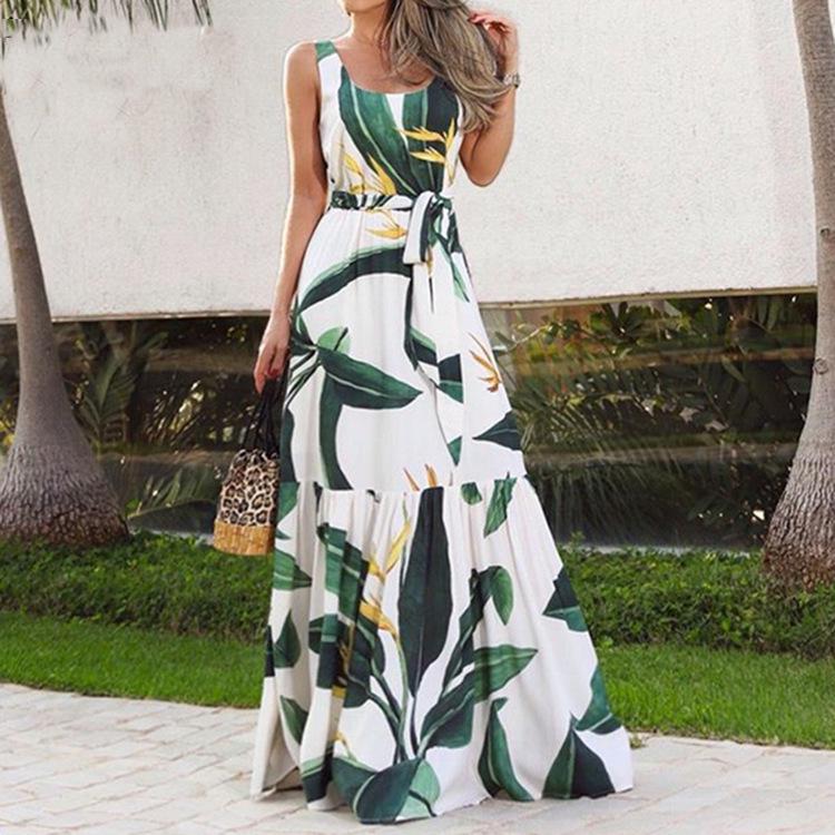 European & American Summer Print Casual Long Dress with Belt 2023